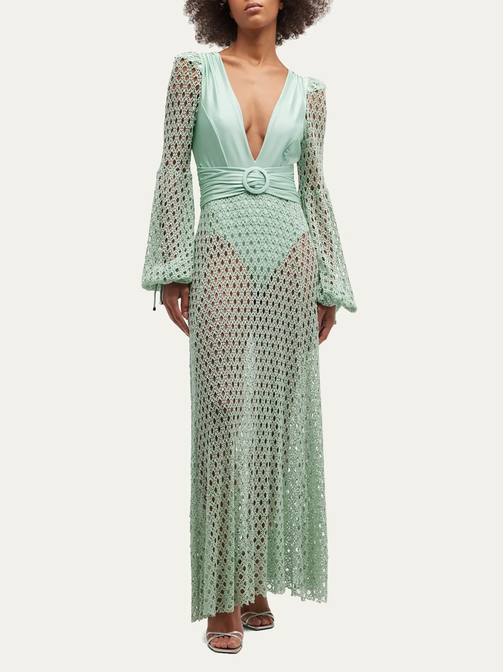 PATBO NWT Monstera Elegant Sage Green Crochet Maxi Dress with Deep V - Picture 1 of 5